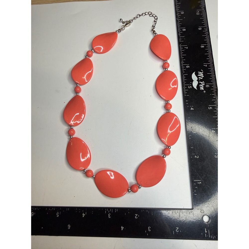 Chunky Coral Oval Bead Statement Necklace Silver Tone Adjustable 21in